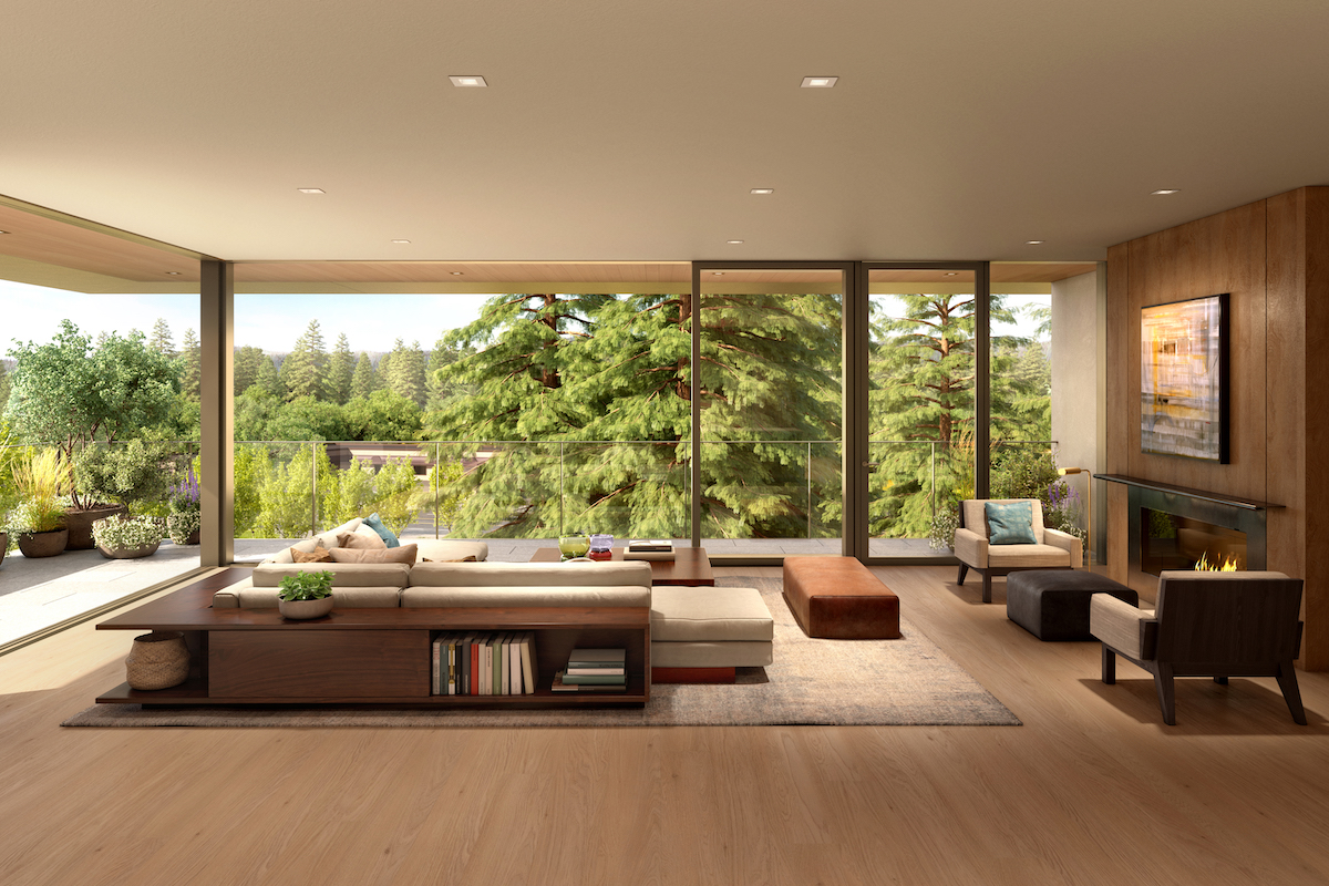 Penthouse living room with sliding glass walls opens to wrap-around terrace.