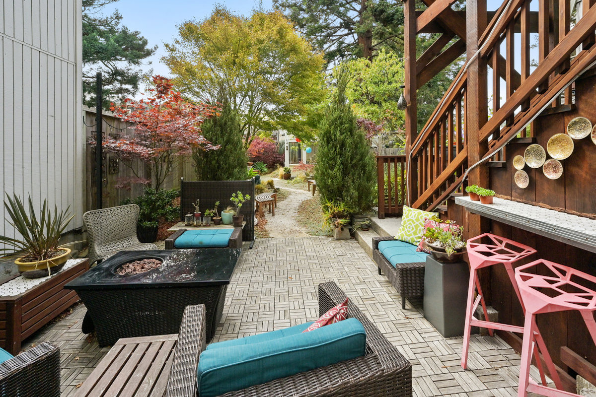 Common garden seating area with firepit