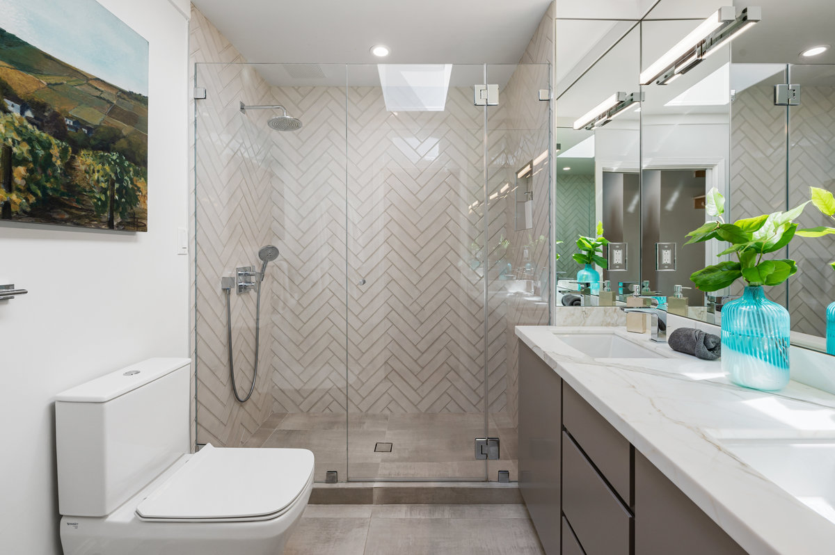 Primary ensuite bath with skylight over shower