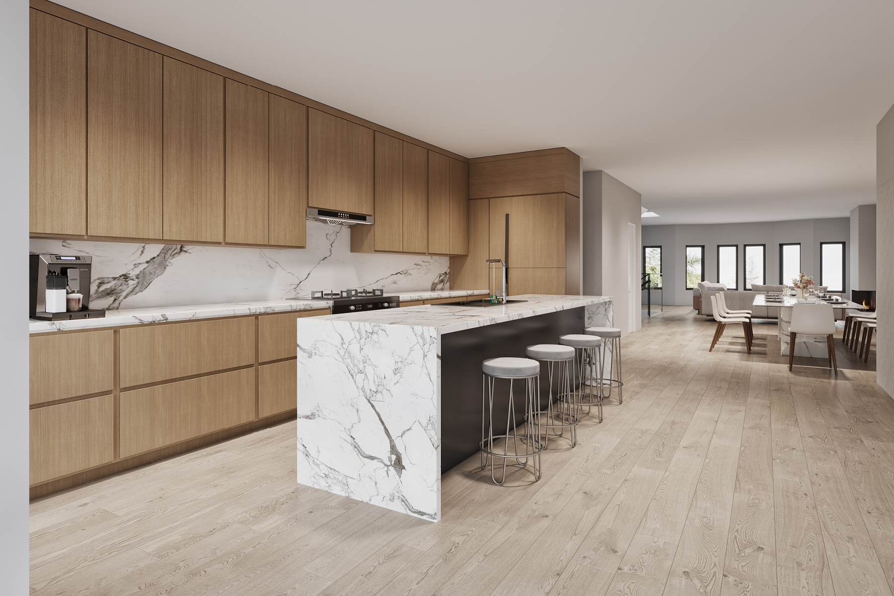 Rendering of kitchen to dining/living