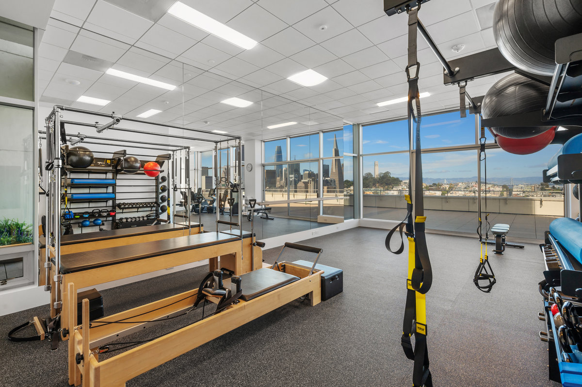 The gym offers pilates equipment, free weights, TRX and more