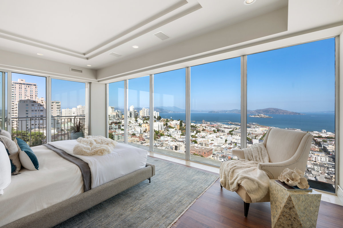 Primary bedroom with northwest views of bay to Alcatraz and Golden Gate Bridge