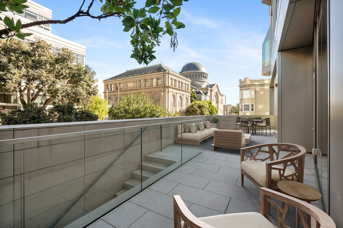 Residence 201's east-facing terrace, virtually staged