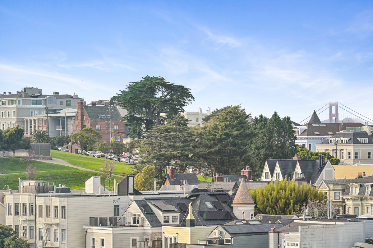 Zoomed view of Alta Plaza Park & Golden Gate Bridge enjoyed from great room & primary suite