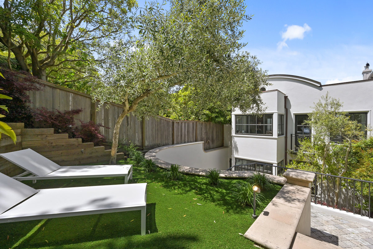 Mid-level of terraced gardens with turf lawn