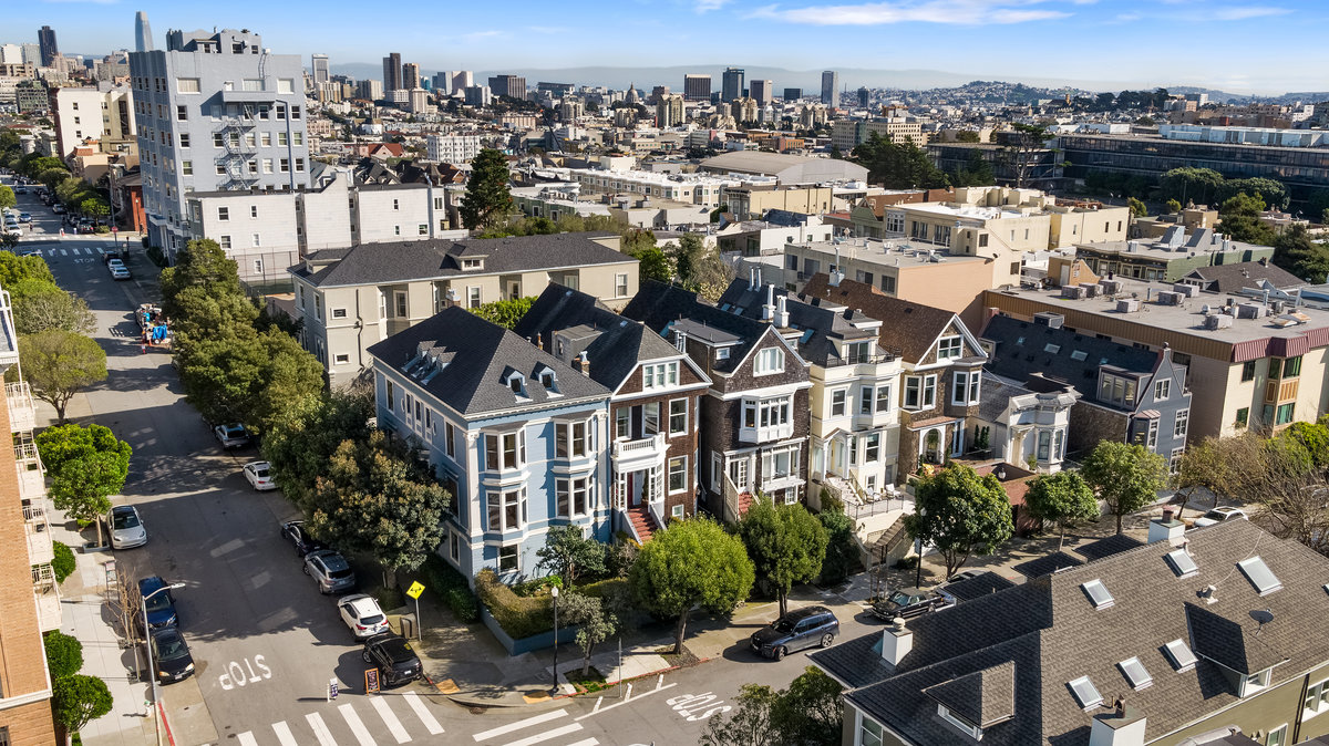 Aerial view of the home with downtown San Francisco in the distance