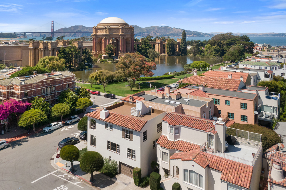 Aerial image to Palace and Golden Gate Bridge with 3300 Baker, corner home in foreground