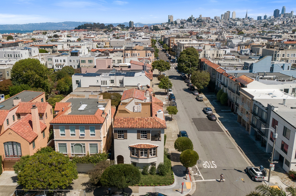 Aerial image looking east, 3300 Baker in foreground on left corner of Bay Street