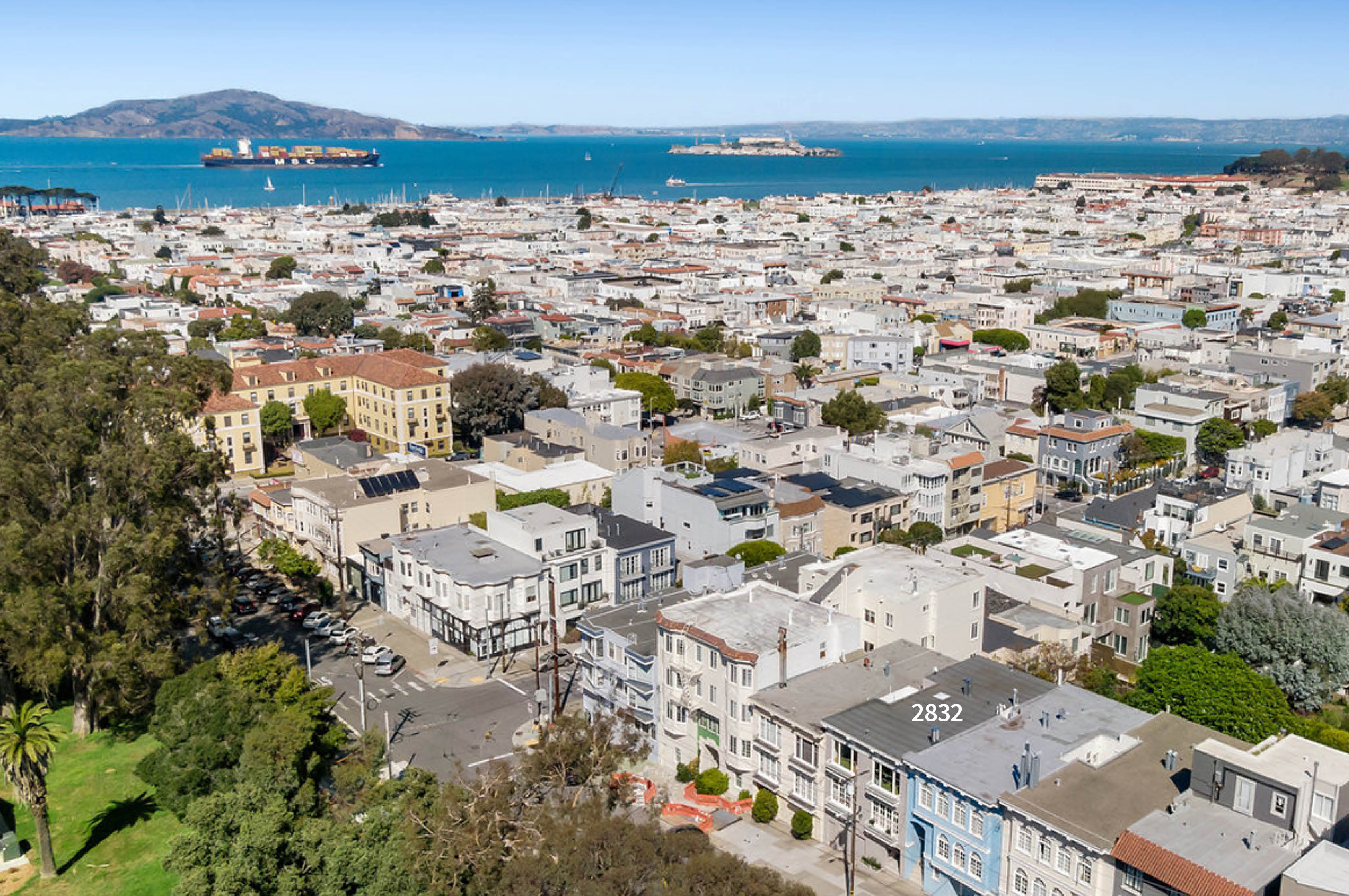 Aerial image of Lyon Street in Cow Hollow with Marina District beyond