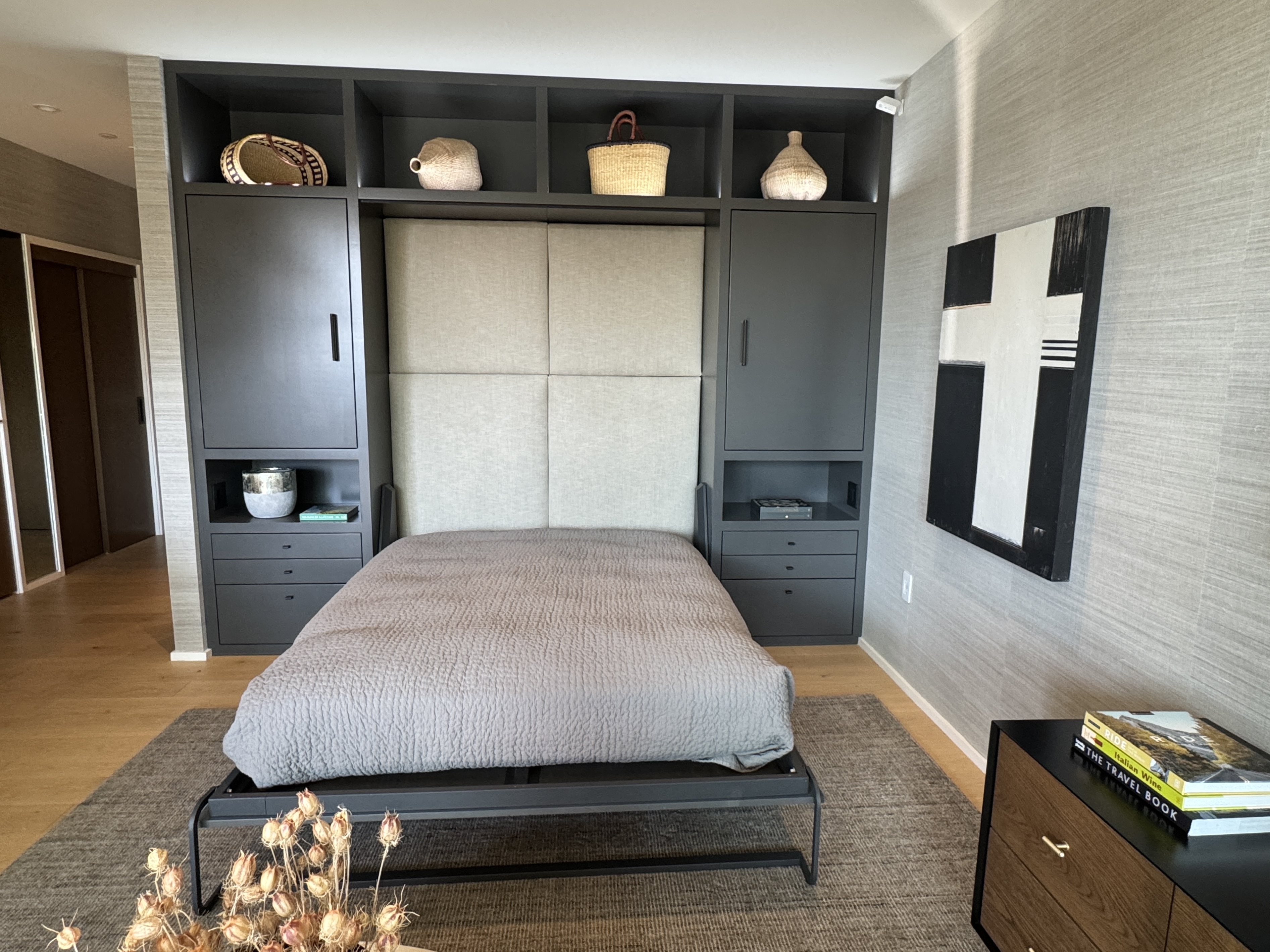 McRoskey mattress in Murphy bed, linen headboard