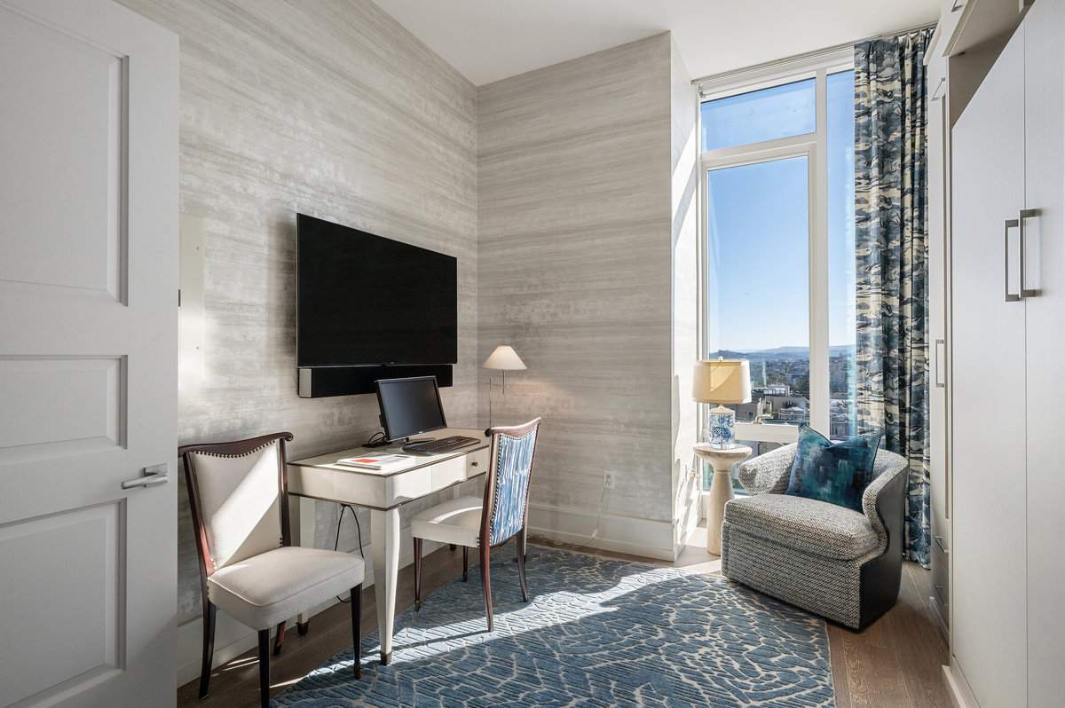 Bedroom 2 with silver leaf wallpaper,  south-facing windows, TV included