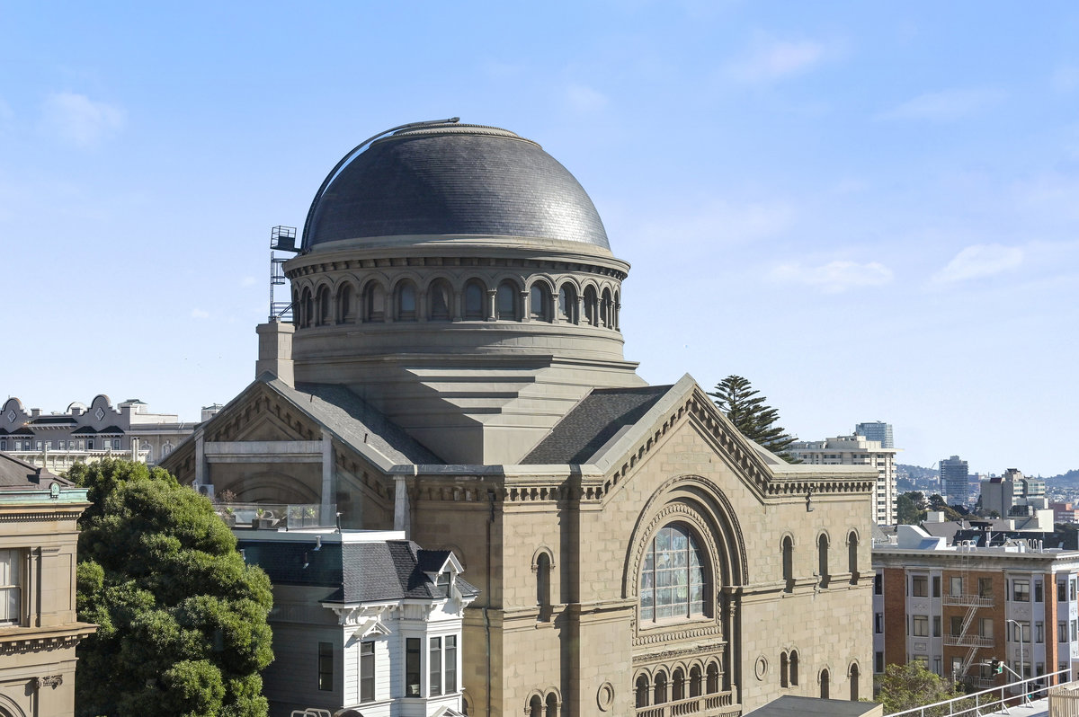 View from 502 to architecturally significant synagogue at Webster & California streets