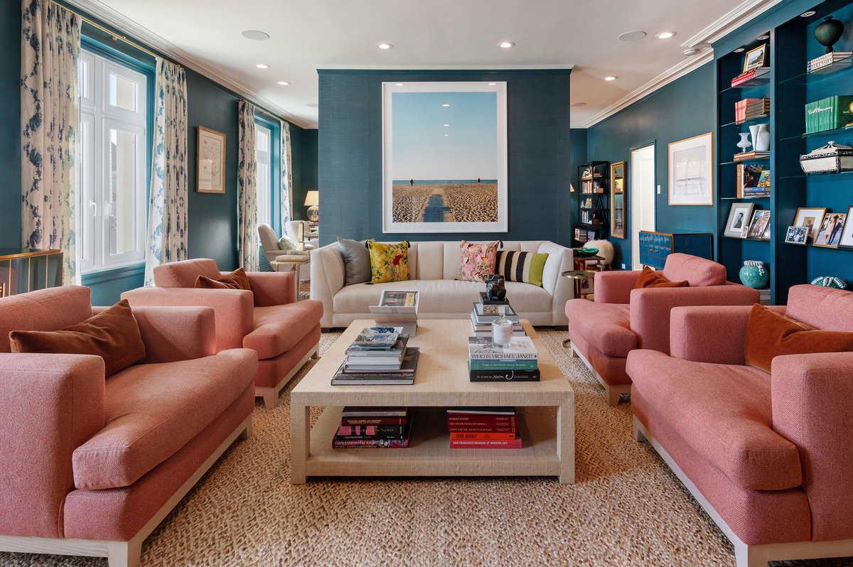 Living room with three sets of south windows