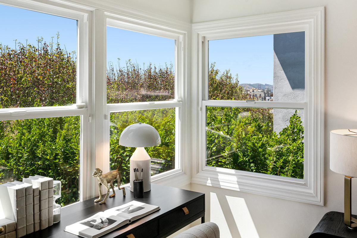Northwest corner windows in bedroom two with just a glimpse of the GG Bridge